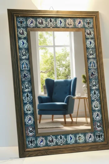 Selçuklu Seramik Karo İşlemeli El Yapımı Ahşap Ayna – 65x45 cm