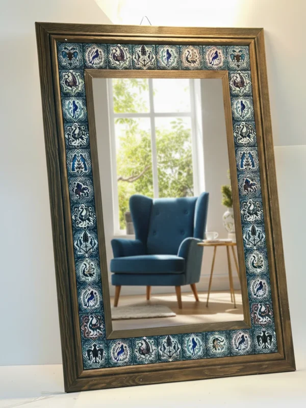 Selçuklu Seramik Karo İşlemeli El Yapımı Ahşap Ayna – 65x45 cm