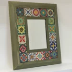 Doğal Ahşap Çerçeveli ve El İşçiliği Seramik Baskılı Özel Tasarım Dekoratif Duvar Aynası