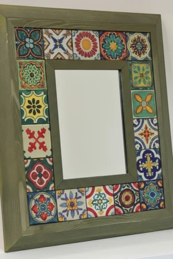 Doğal Ahşap Çerçeveli ve El İşçiliği Seramik Baskılı Özel Tasarım Dekoratif Duvar Aynası