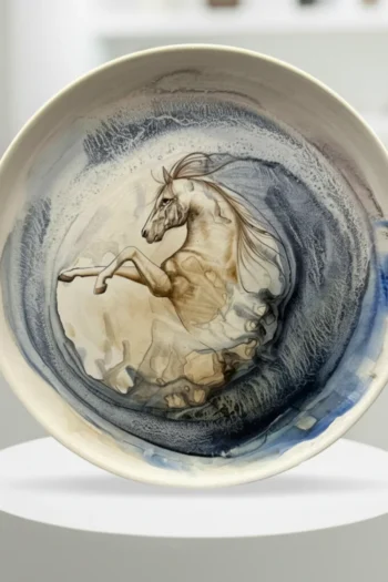 40 cm El Yapımı Ebruli Desenli Dekoratif Seramik Tabak – Busanat Özel Tasarım