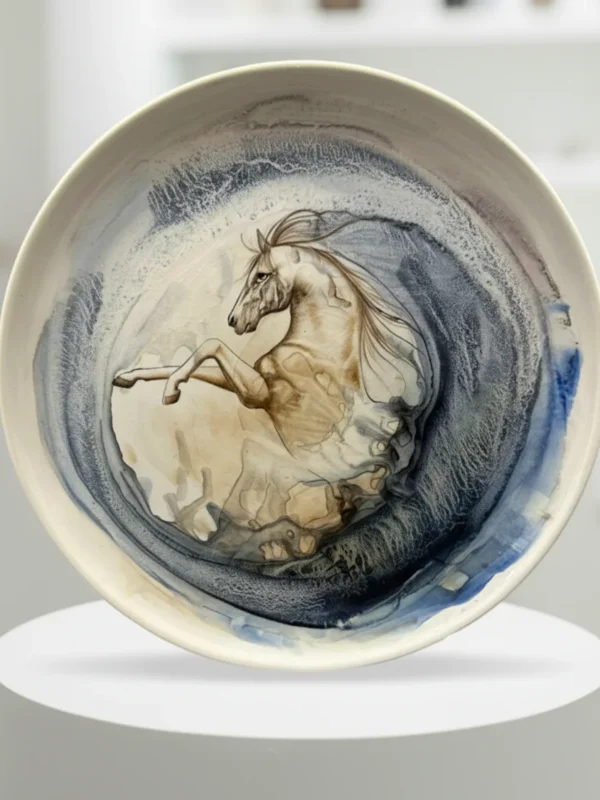 40 cm El Yapımı Ebruli Desenli Dekoratif Seramik Tabak – Busanat Özel Tasarım