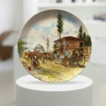 Elde Çizilmiş Özel Tasarım İstanbul Silüetli Dekoratif Seramik Tabak - Sanatsal Çini Eseri