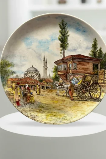 Elde Çizilmiş Özel Tasarım İstanbul Silüetli Dekoratif Seramik Tabak - Sanatsal Çini Eseri