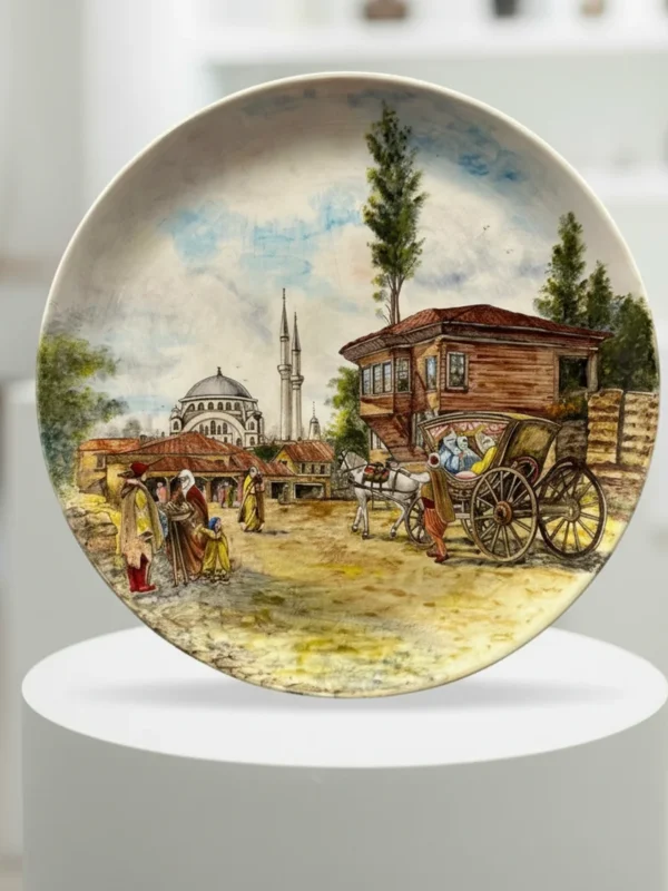 Elde Çizilmiş Özel Tasarım İstanbul Silüetli Dekoratif Seramik Tabak - Sanatsal Çini Eseri