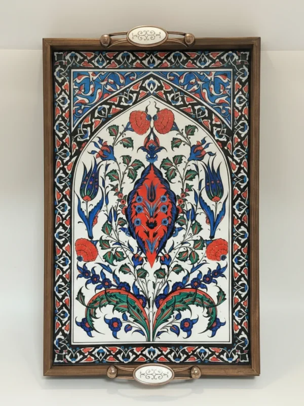 El Yapımı Ahşap Çerçeveli Karo Desenli Dekoratif Sunum Tepsisi