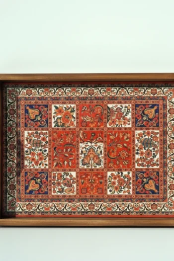 Ahşap Kenarlı Seramik Karo Baskılı Dekoratif Sunum Tepsisi - 42x27 cm