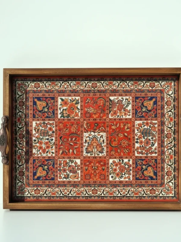 Ahşap Kenarlı Seramik Karo Baskılı Dekoratif Sunum Tepsisi - 42x27 cm