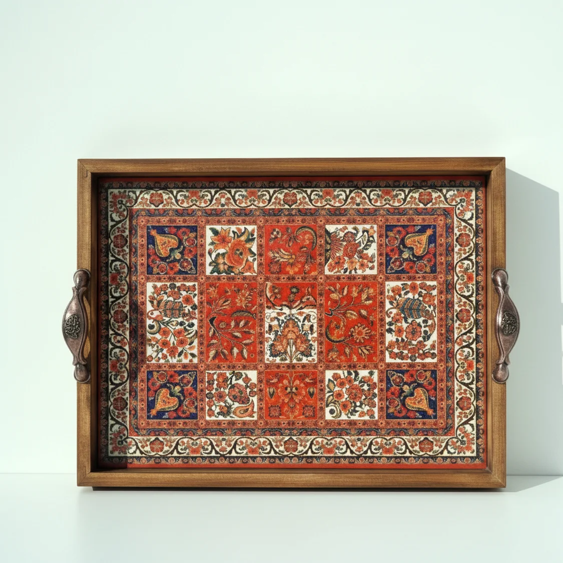 Ahşap Kenarlı Seramik Karo Baskılı Dekoratif Sunum Tepsisi - 42x27 cm