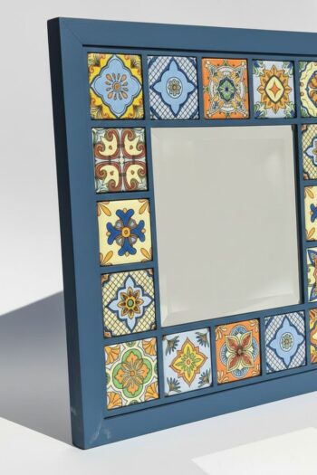 El Yapımı Ahşap Çerçeveli Antrasit Karo Desenli Dekoratif Ayna